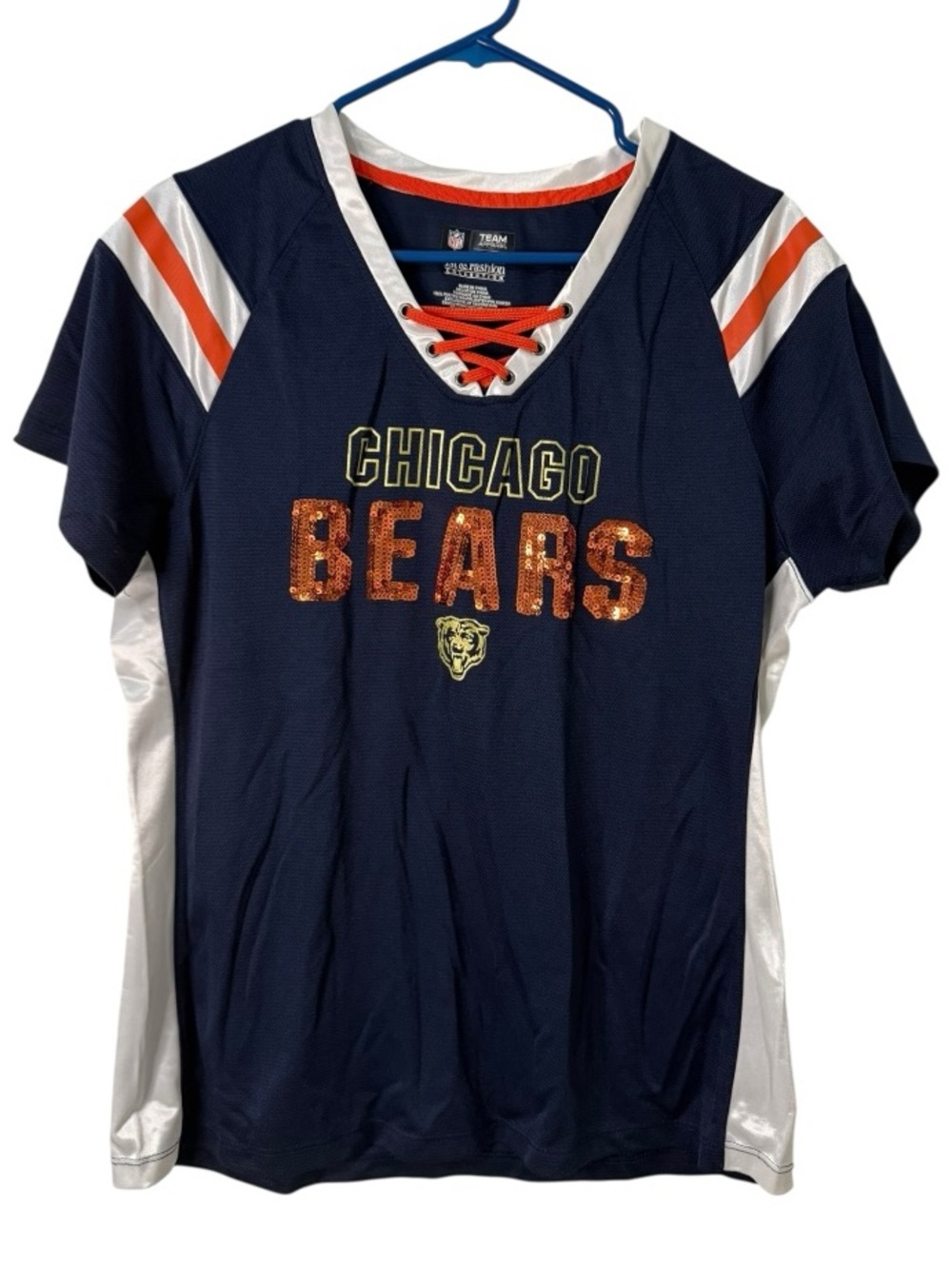 NFL Chicago Bears Womens XL Sequin Lace Up Jersey Shirt Team Apparel Blue Orange